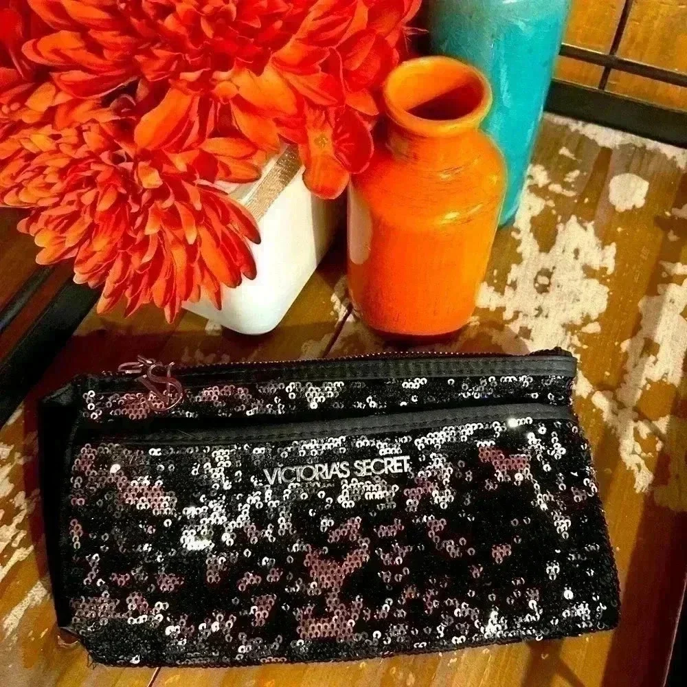 Victoria’s Secret black and silver sequined clutch, make up bag